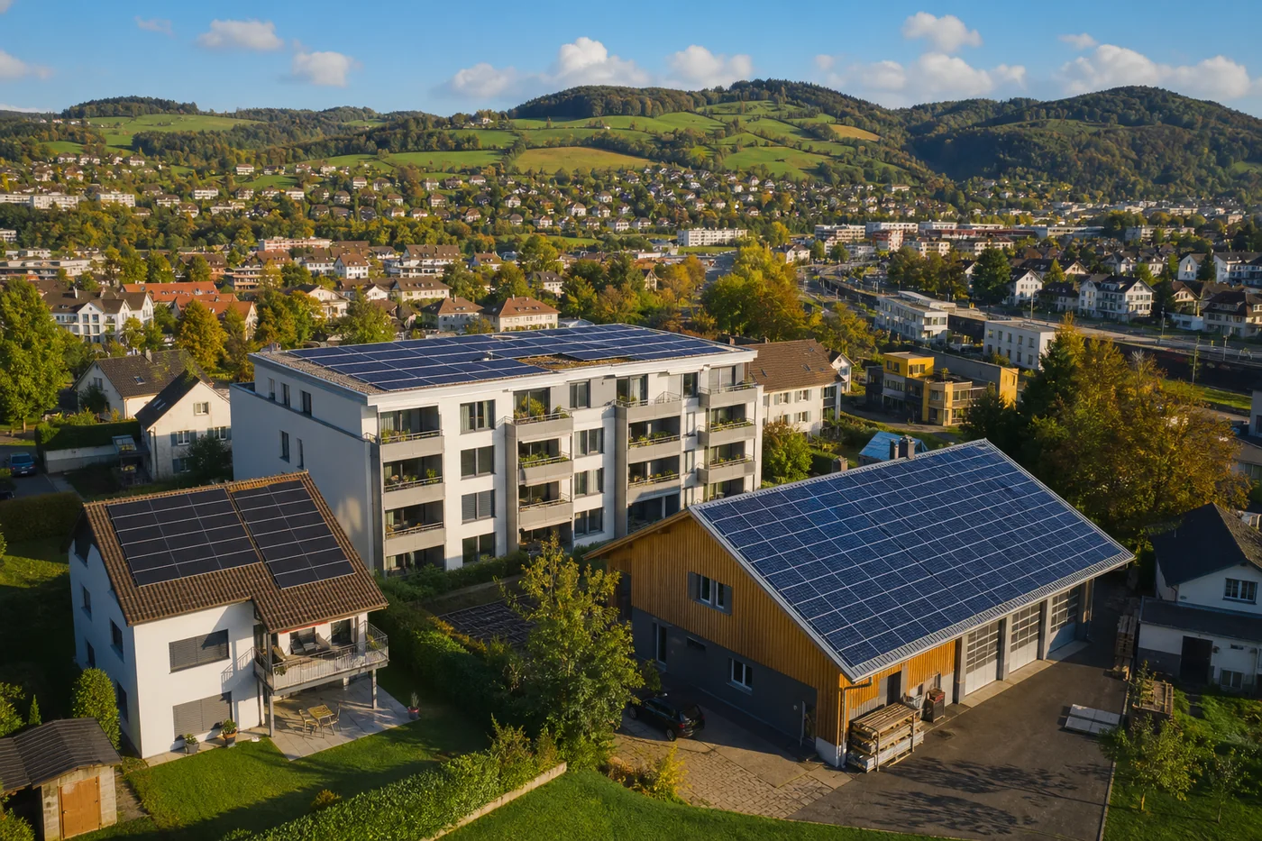Einfamilienhaus, Mehrfamilienhaus und Gewerbehalle mit Photovoltaik