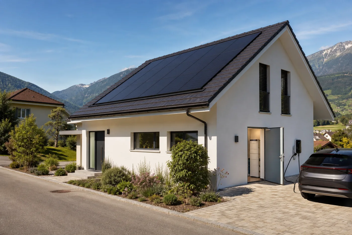 Einfamilienhaus mit Photovoltaik, Elektroauto und Batteriespeicher