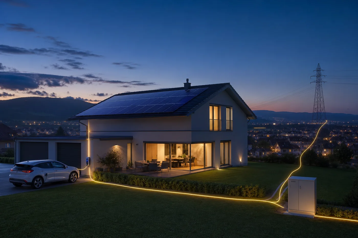 Solarhaus speist bei Abendlicht Strom in das lokale Netz ein