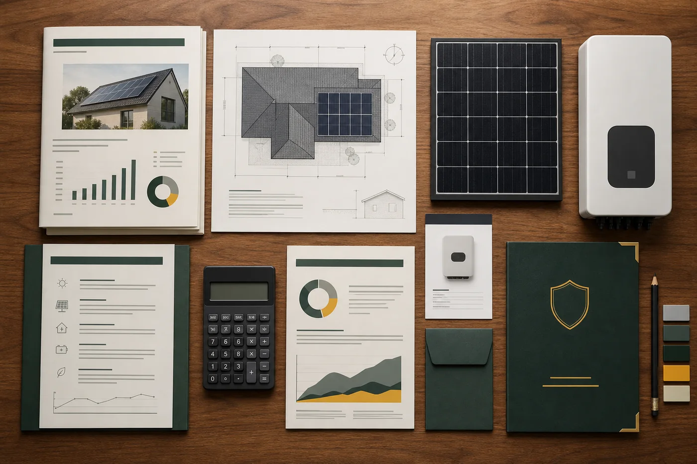 Solarplanung mit Modul, Wechselrichter, Dachplan und Kalkulationsunterlagen