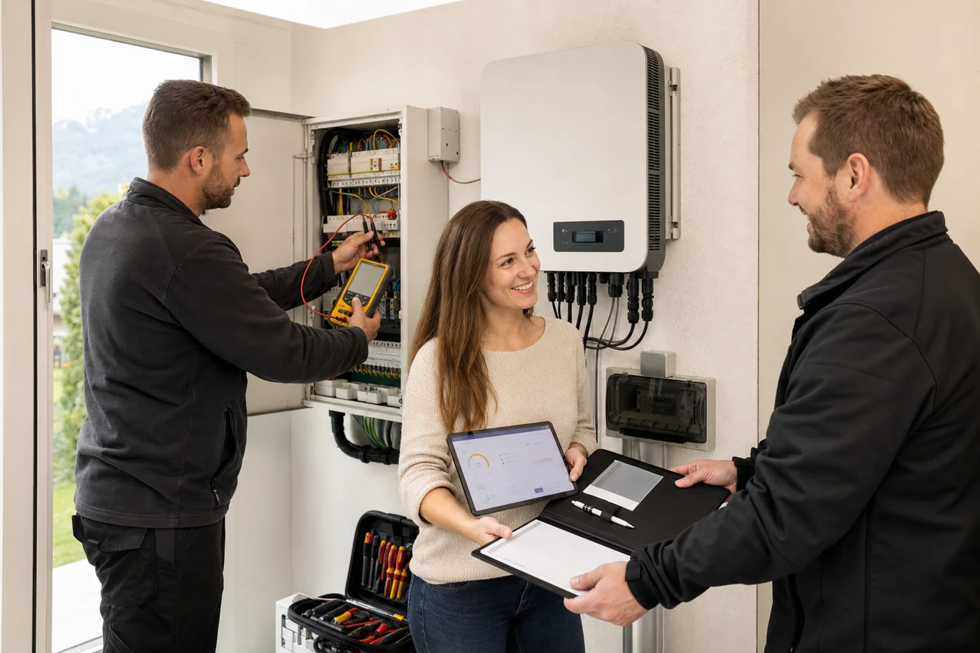 Techniker dokumentiert Messwerte bei der Übergabe einer Solaranlage