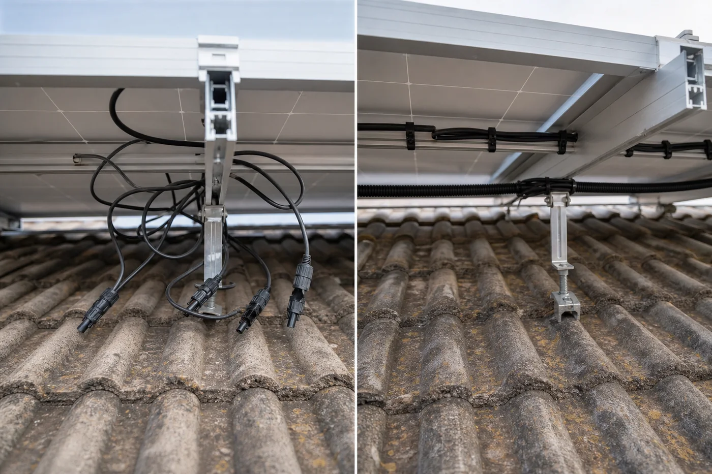 Gegenüberstellung von unsauberer und professioneller Solarkabelführung