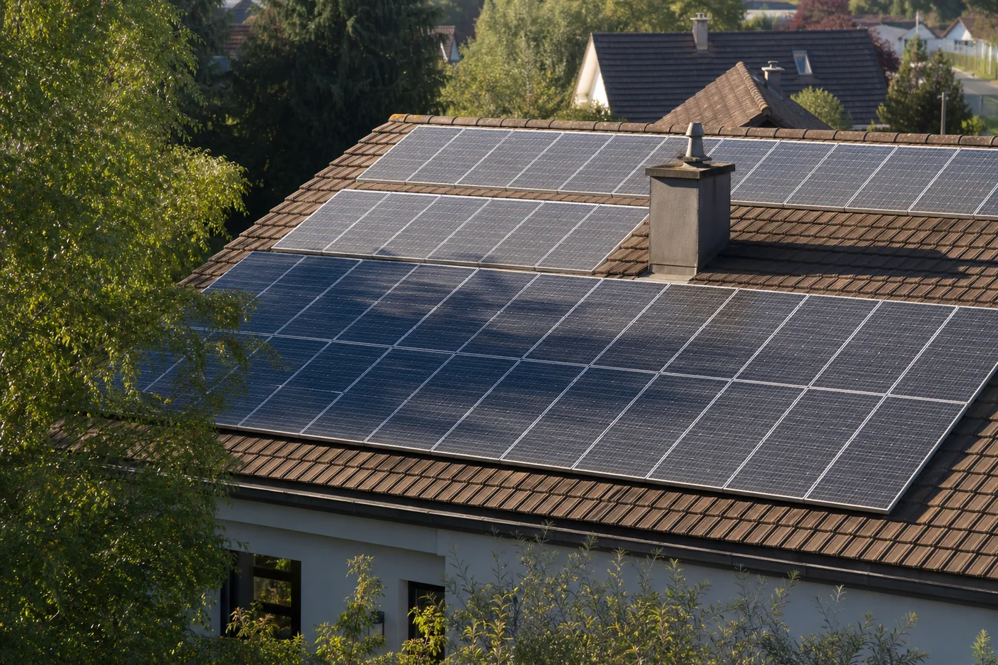 Schatten von Baum und Kamin fällt auf Photovoltaikmodule