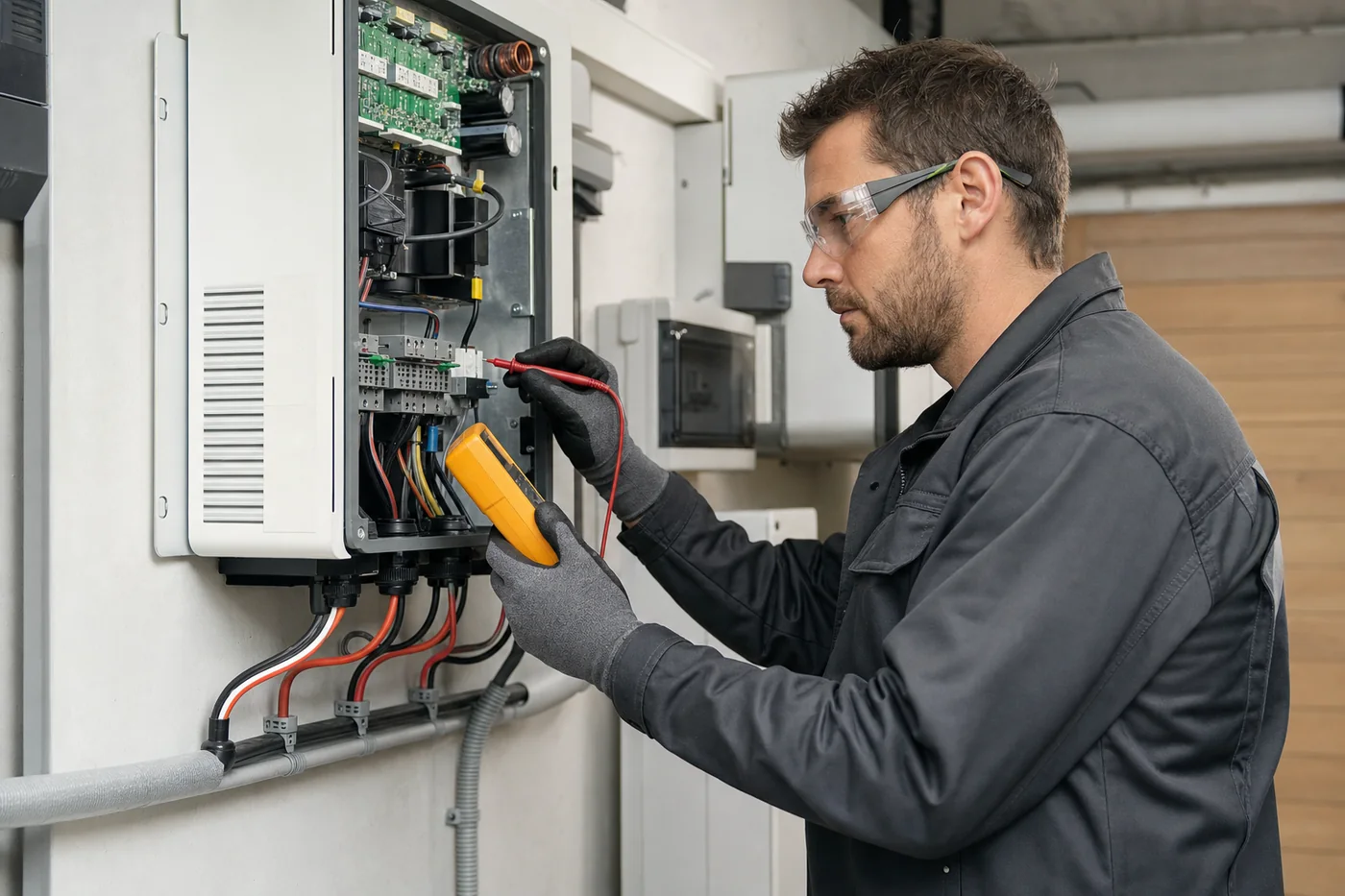 Techniker misst einen geöffneten Solarwechselrichter