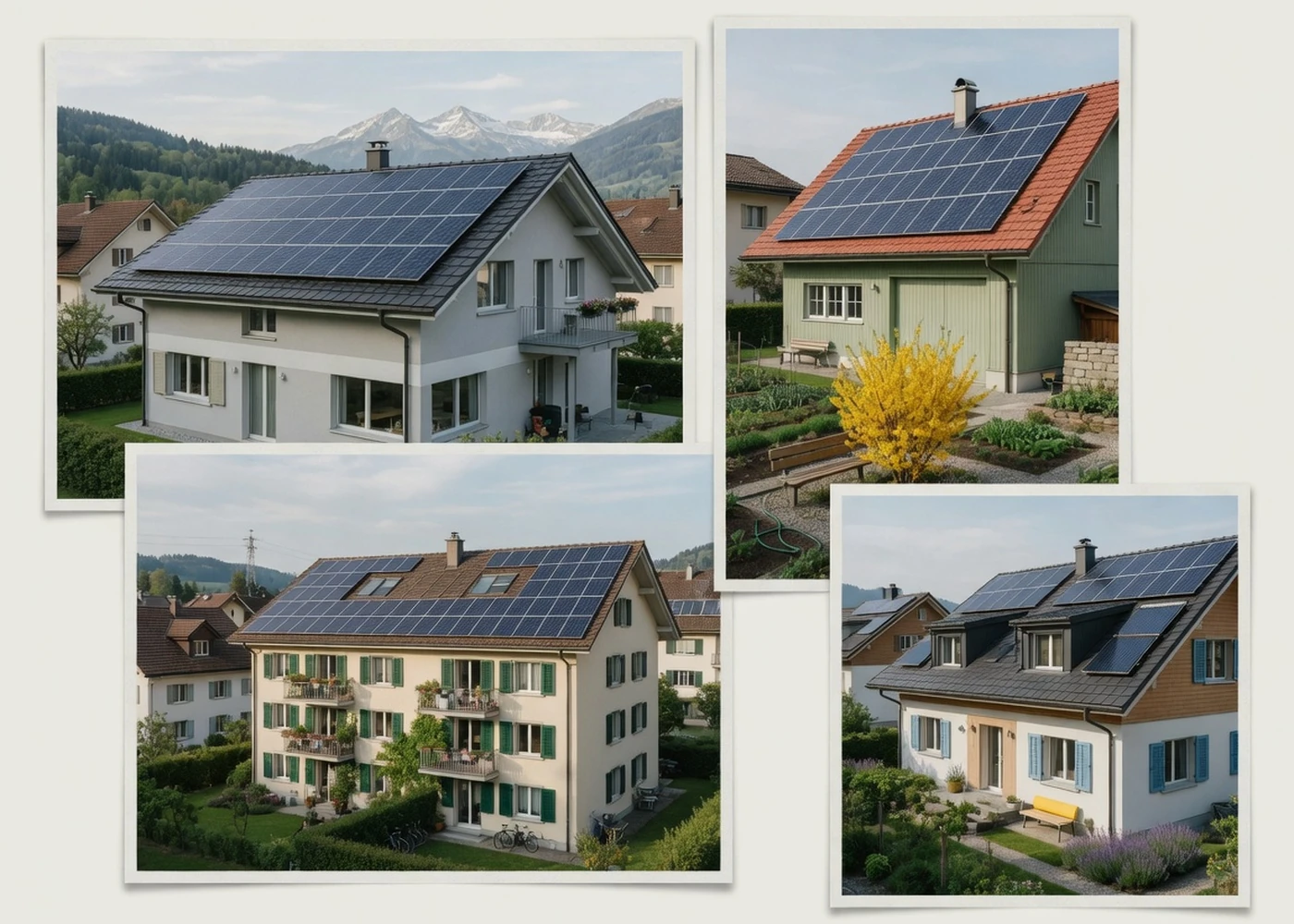 Verschiedene Schweizer Gebäude mit Photovoltaikanlagen als Symbolbild für das Anbieterverzeichnis