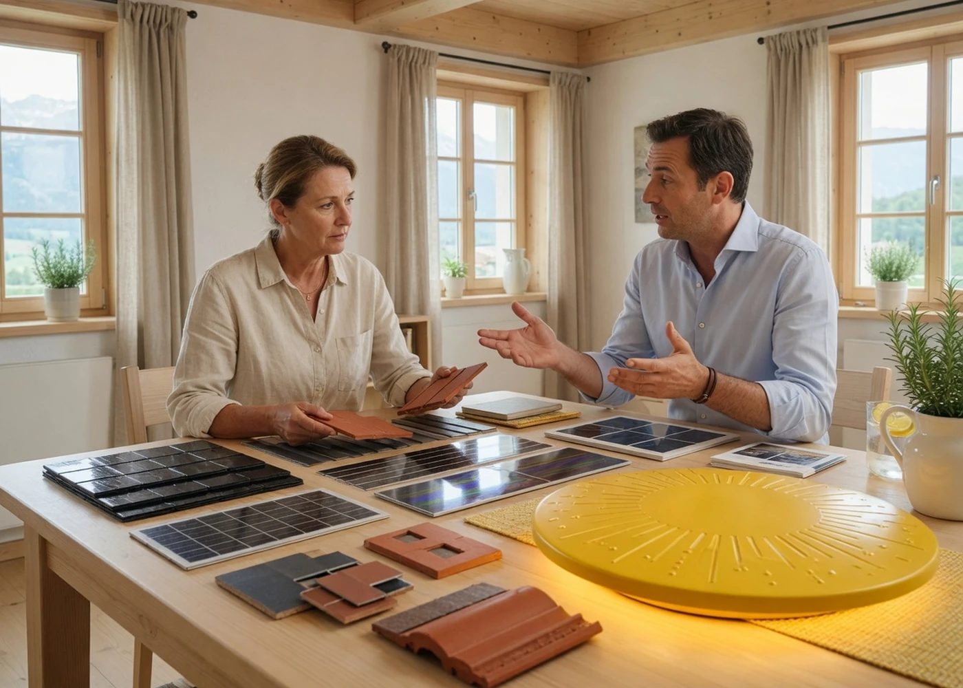 Beratungsgespräch mit Solarmodellen als Symbolbild für häufige Fragen
