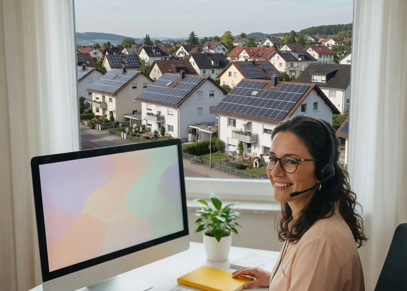 Mitarbeiterin am Kontaktarbeitsplatz mit Blick auf eine Schweizer Solarsiedlung