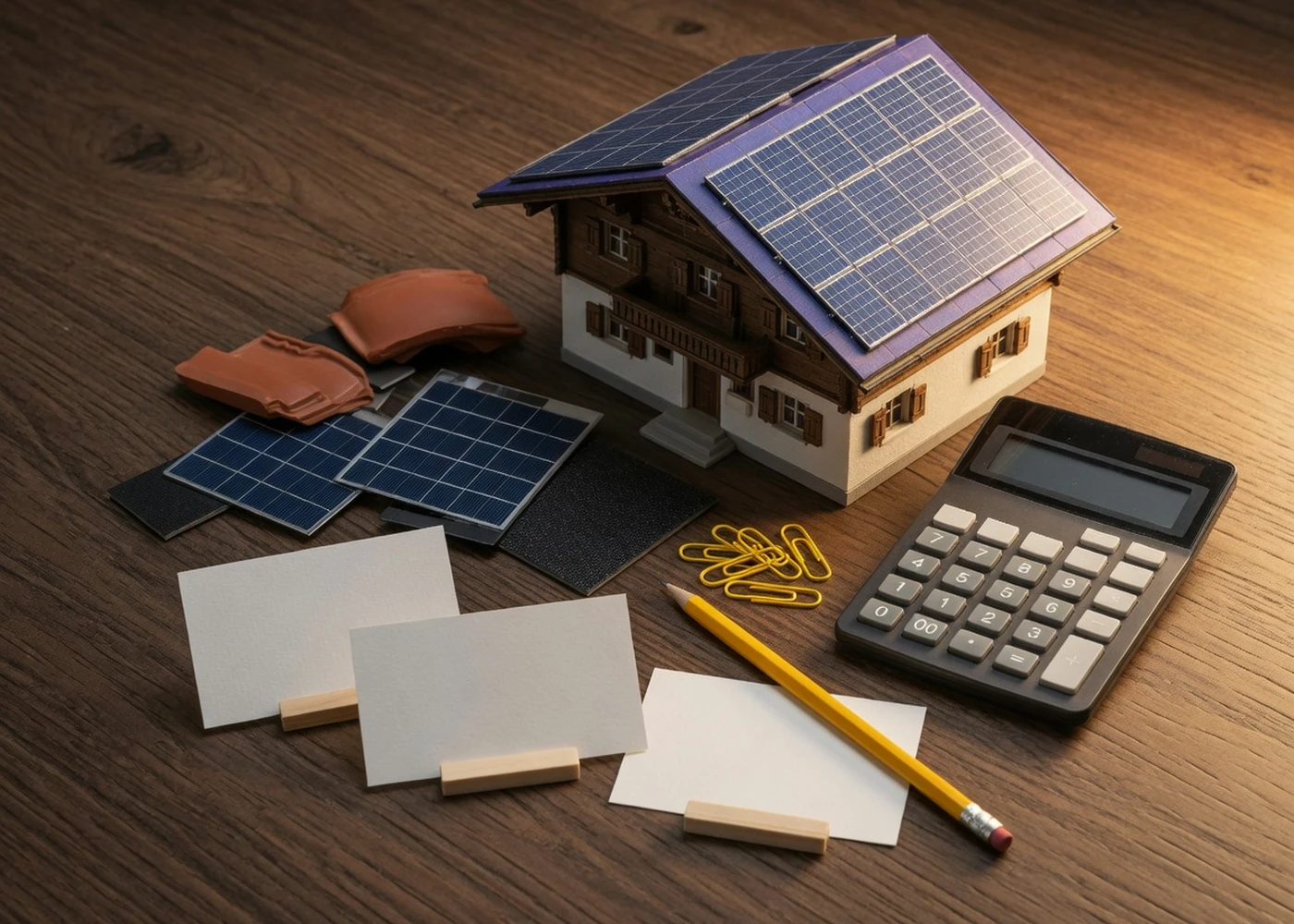 Hausmodell, Solarmodule und Rechner als Symbolbild für Solaranlage-Kosten