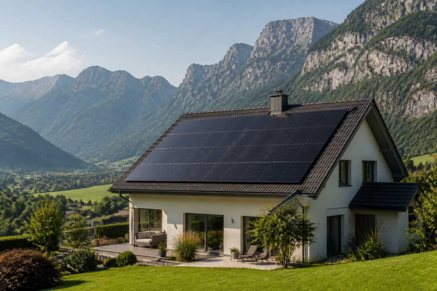 Solaranlagen auf Häusern im Talraum von Glarus Nord zwischen Bergen und grünen Hängen