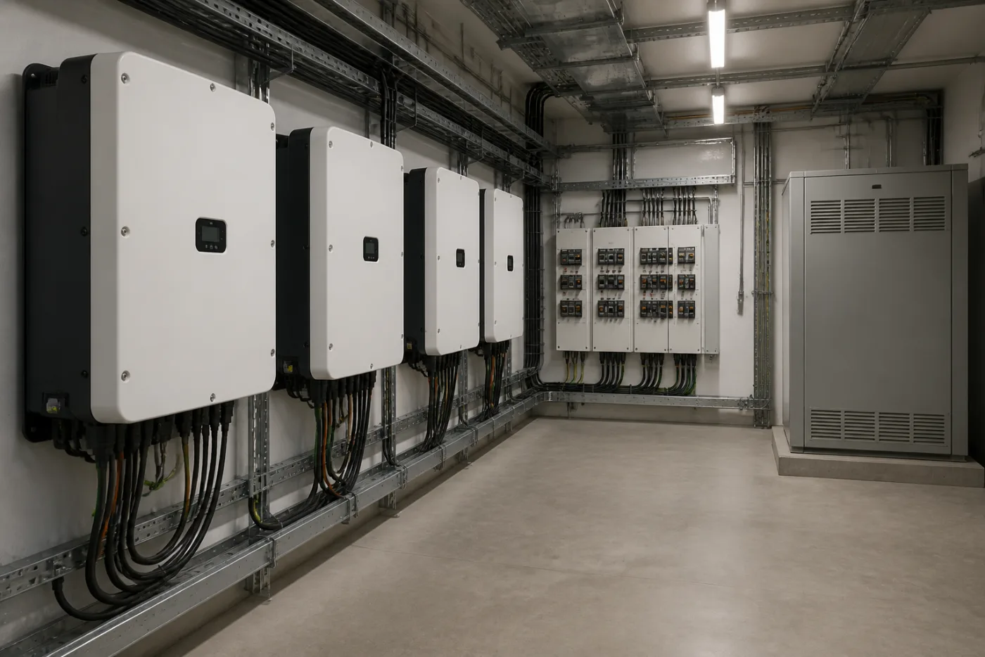 Technikraum eines Gewerbebetriebs mit mehreren Wechselrichtern, Kabeltrassen und Schutztechnik