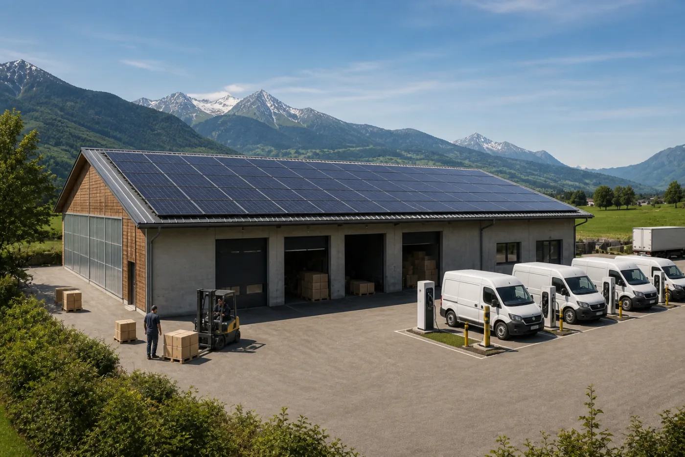 Elektrische Lieferfahrzeuge laden vor einer Schweizer Gewerbehalle mit Photovoltaikanlage