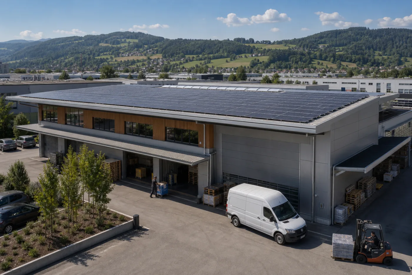 Grosses Schweizer Gewerbegebäude mit Photovoltaik auf dem Flachdach und Fahrzeugen davor