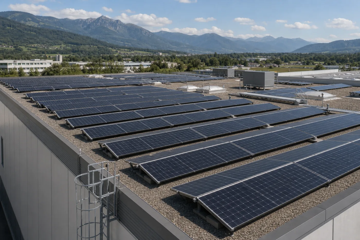 Detailansicht einer grossen Photovoltaikanlage mit Wartungswegen auf einem Flachdach