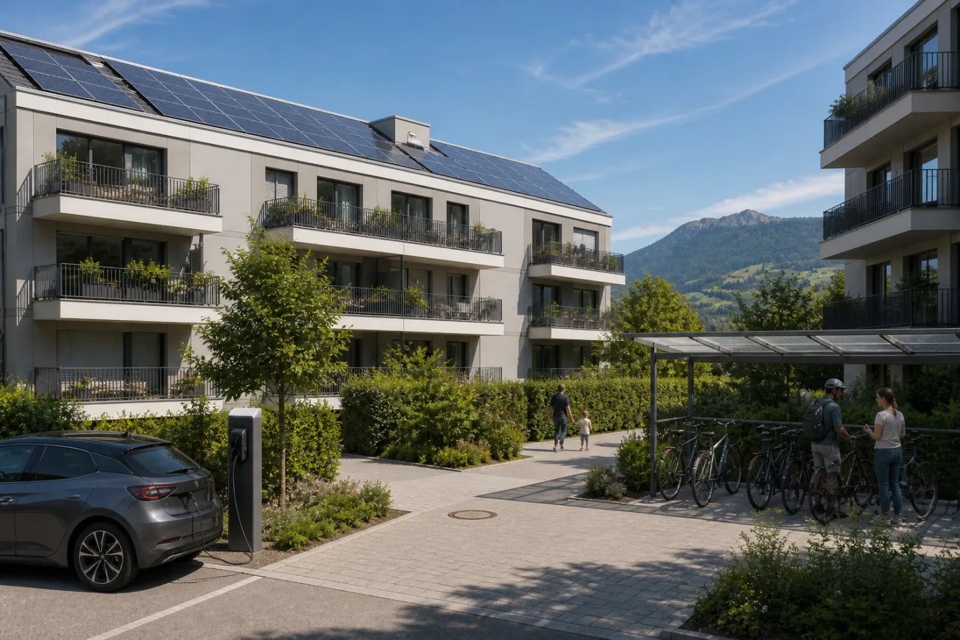 Wohnanlage mit Solardächern und gemeinsamem begrüntem Innenhof in der Schweiz