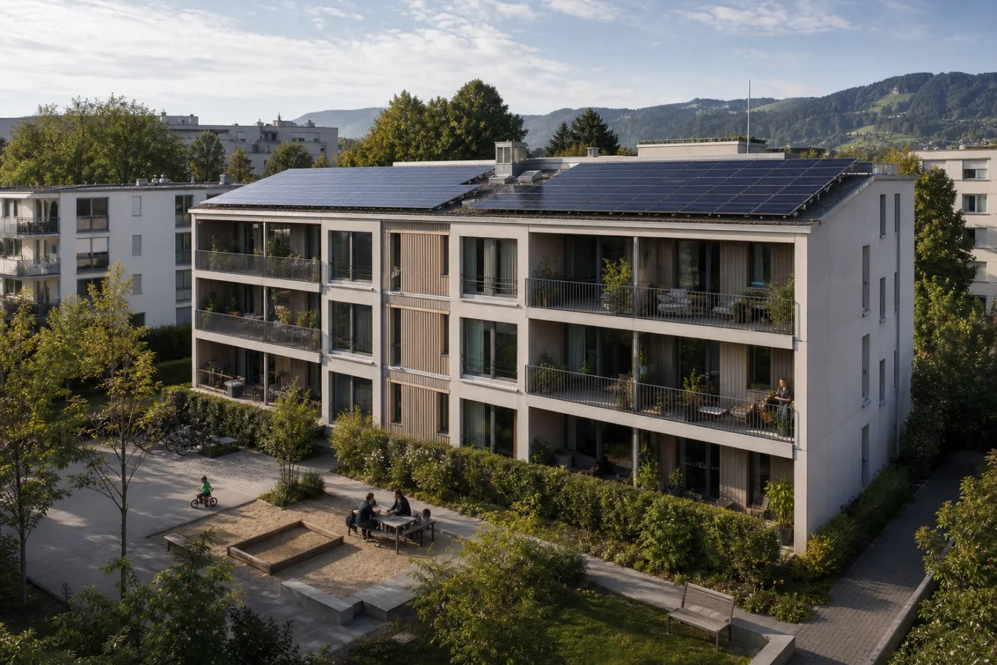 Mehrfamilienhaus in der Schweiz mit grossflächiger Photovoltaikanlage auf dem Dach