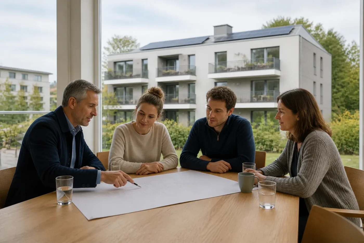 Eigentümer und Energieberater besprechen Unterlagen für ein Mehrfamilienhaus mit Photovoltaik