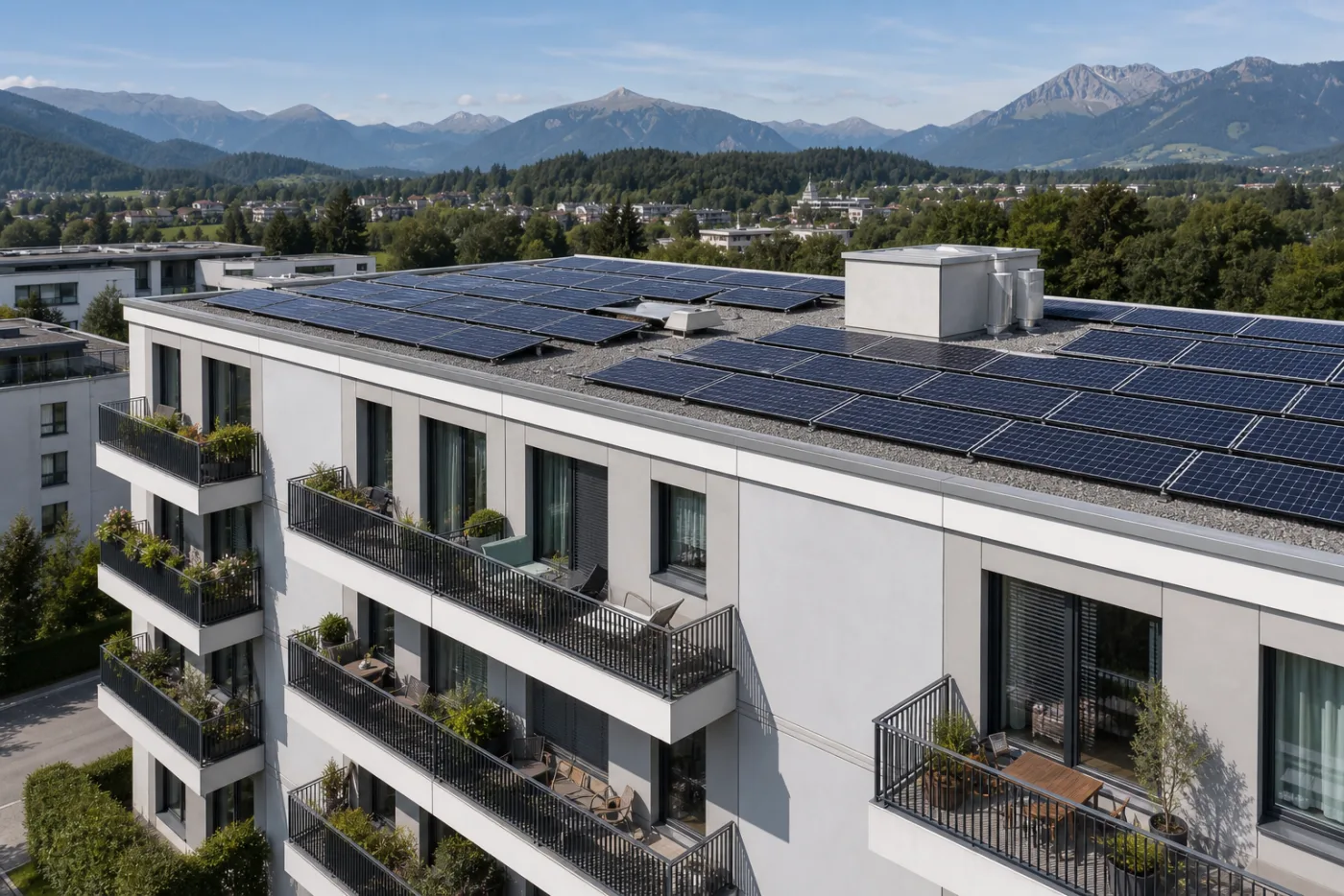 Grosse Photovoltaikanlage auf dem flachen Dach eines modernen Schweizer Mehrfamilienhauses