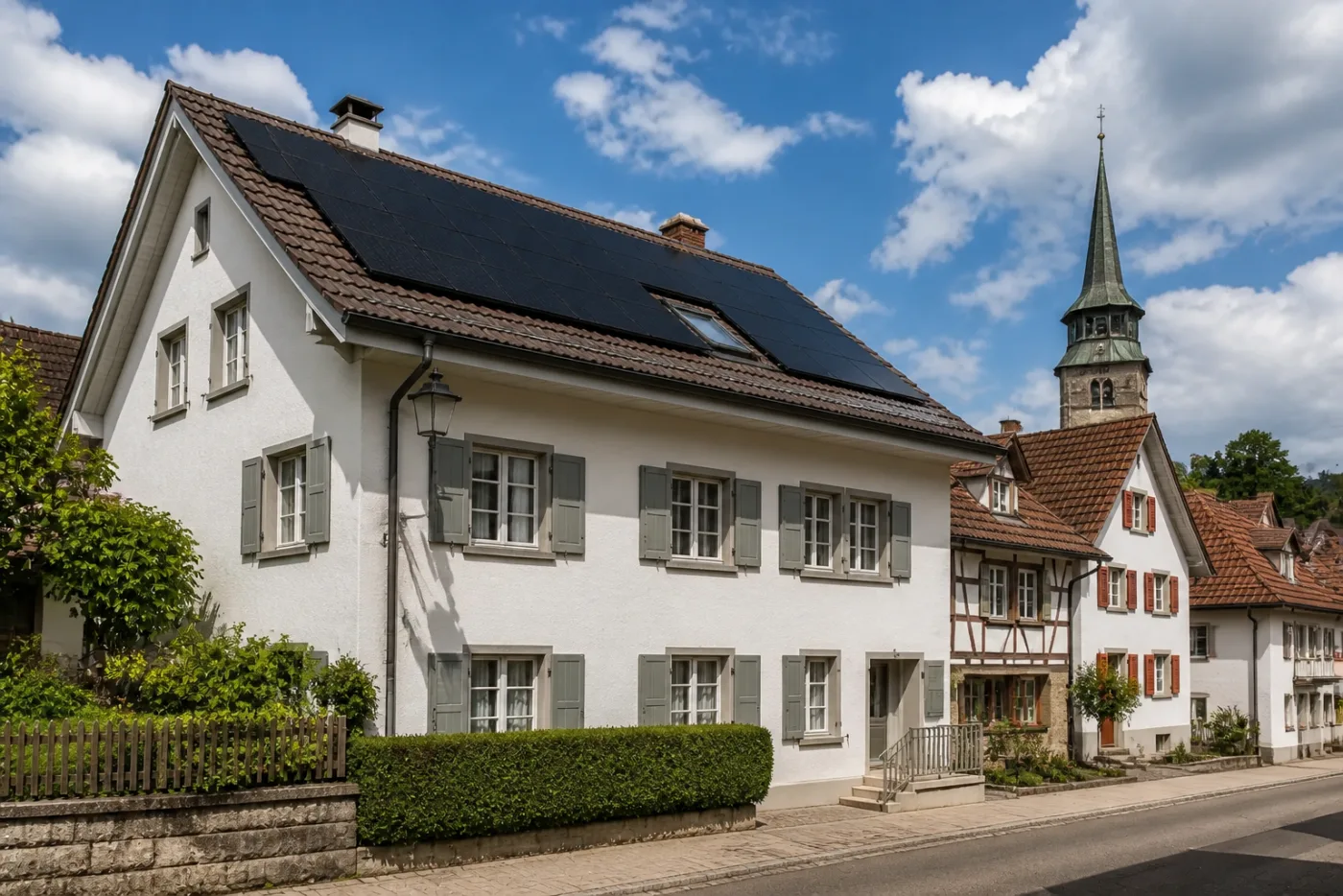 Historisches Schweizer Dorf mit Solaranlagen auf passenden Dächern und geschützter Bausubstanz