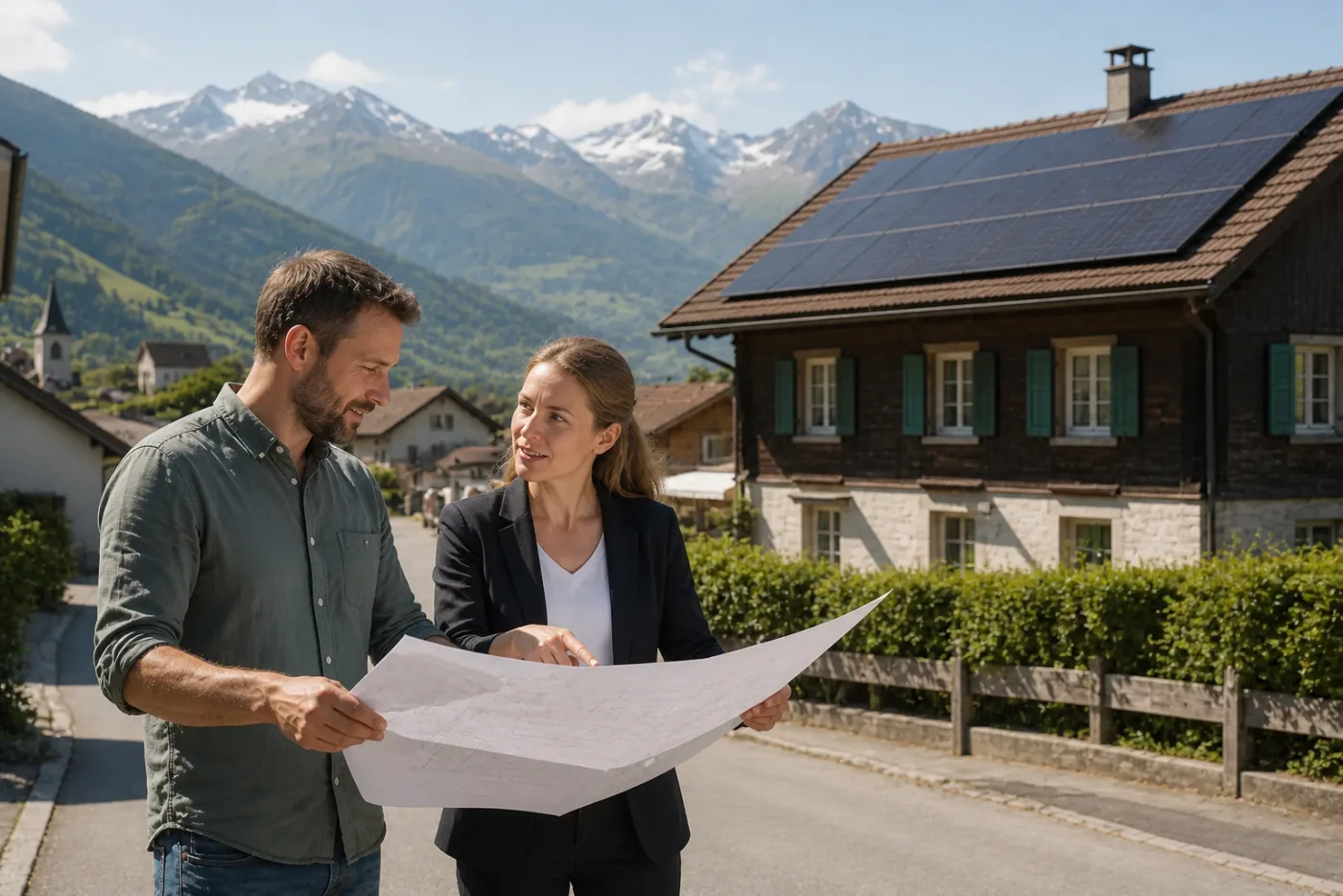 Schweizer Wohnhaus mit Solaranlage in einem Dorf zwischen Bergen und historischen Gebäuden