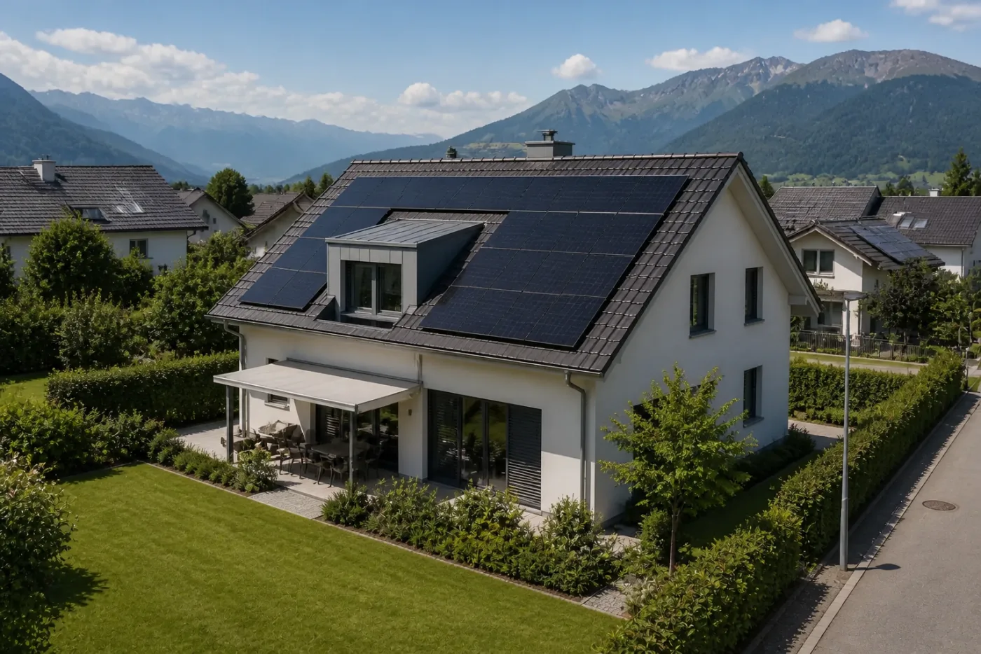 Installateur richtet Solarmodule auf einem geneigten Schweizer Dach mit sauberer Randführung aus