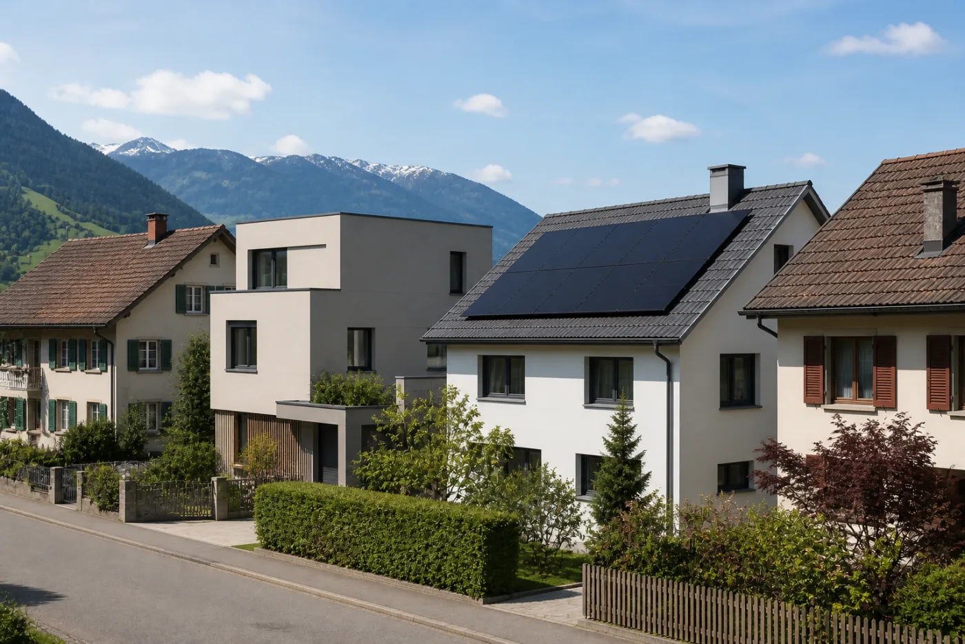 Schweizer Strassenzug mit sichtbar integrierten Solardächern und unterschiedlichen Gebäudetypen