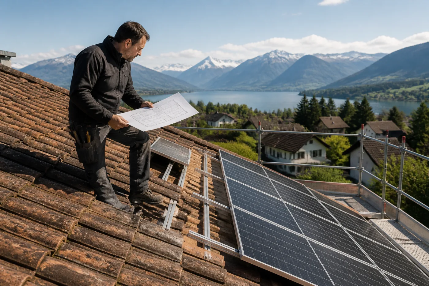 Schweizer Wohnhaus während einer Dachsanierung mit vorbereiteter Photovoltaikplanung