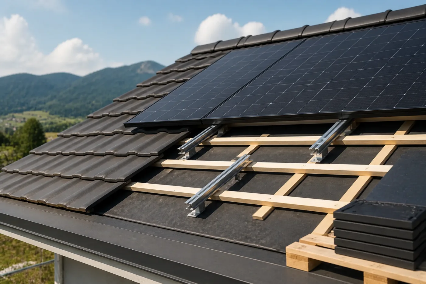 Auswahl von Dachmaterialien, Dämmung, Montageschienen und Solarmodul auf einer Baustelle