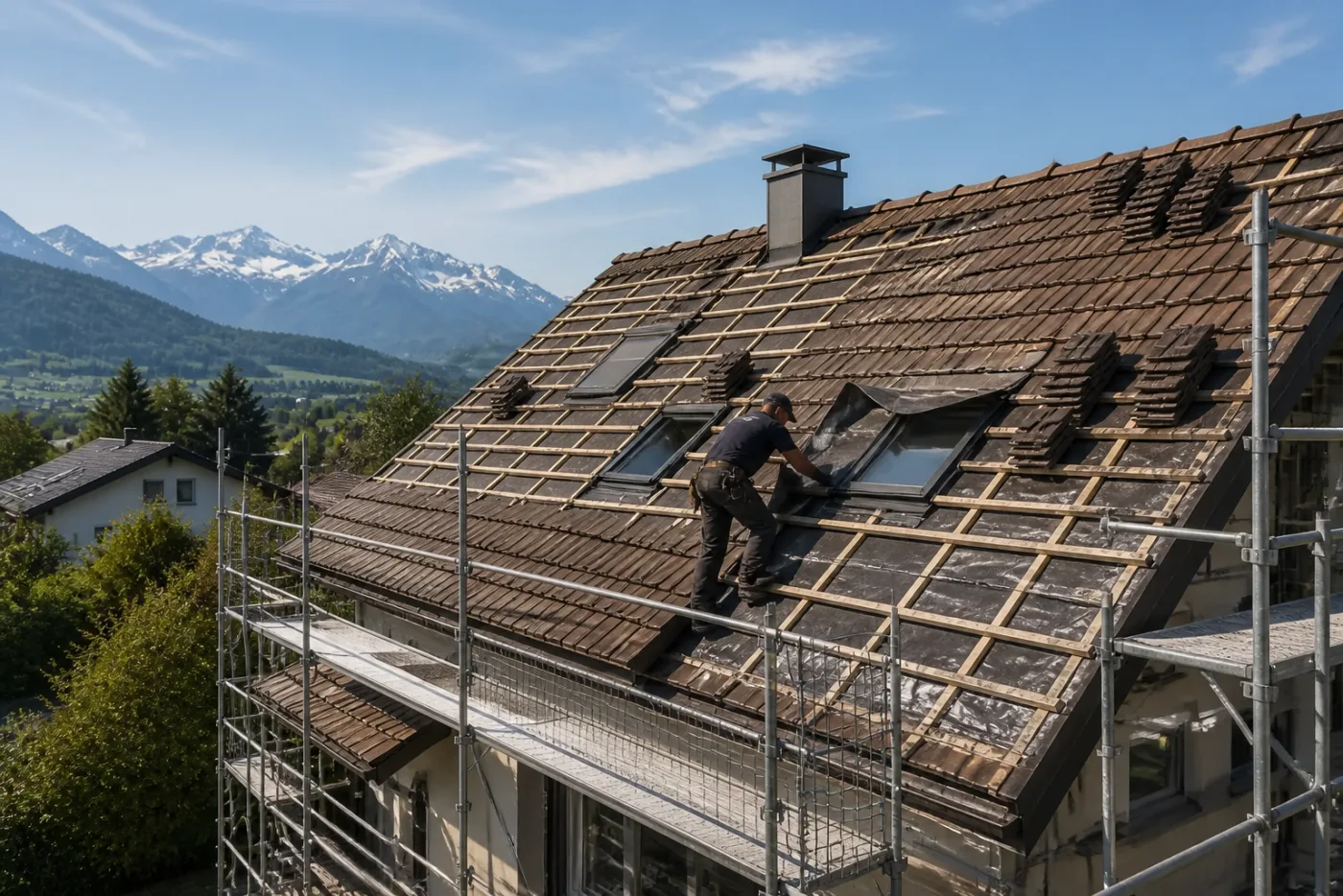 Dachdecker und Solarplaner prüfen die Oberfläche eines Schweizer geneigten Dachs vor der Montage