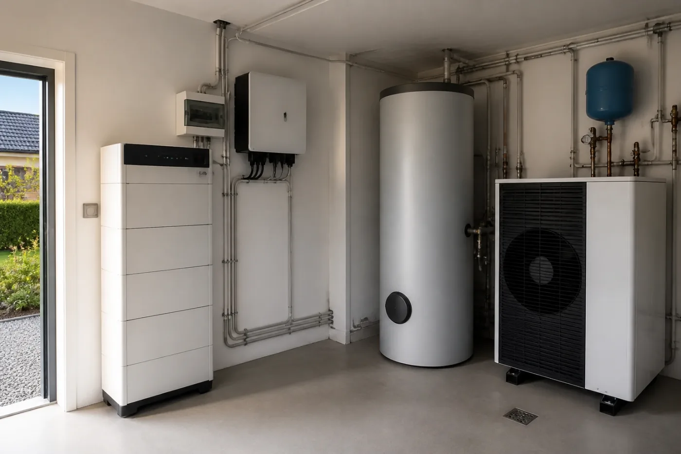 Batteriespeicher und Wechselrichter in einem aufgeräumten Technikraum eines Einfamilienhauses