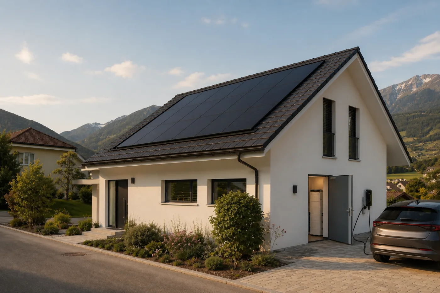 Einfamilienhaus in einer Schweizer Bergregion mit dunkler Photovoltaikanlage und Elektroauto