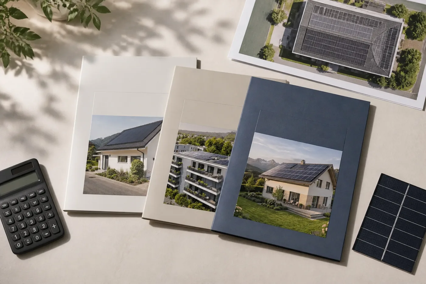 Solarofferte, Modulplan und Stift auf einem Tisch neben einem kleinen Solarmodul