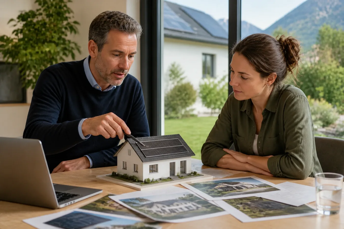 Solarberaterin und Hausbesitzer prüfen Dachplan und Modulaufteilung an einem Tisch