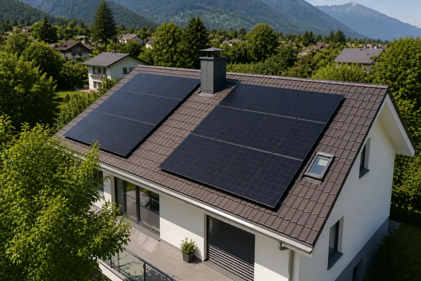 Nahaufnahme einer sorgfältig geplanten Photovoltaikanlage auf einem geneigten Einfamilienhausdach