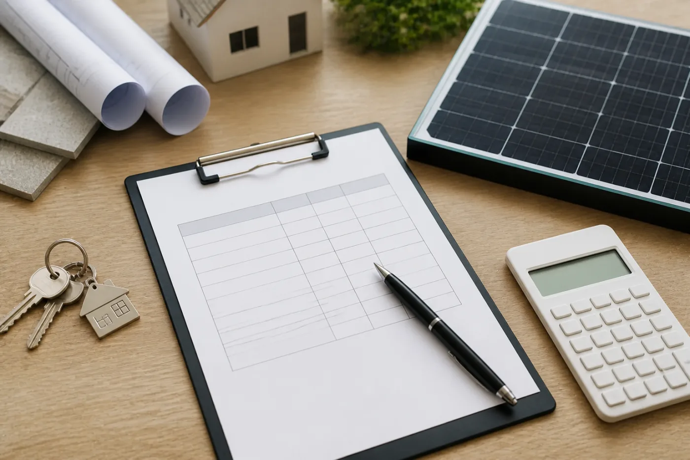 Solarbudget, Taschenrechner und technische Offerte auf einem Tisch neben einem Modul