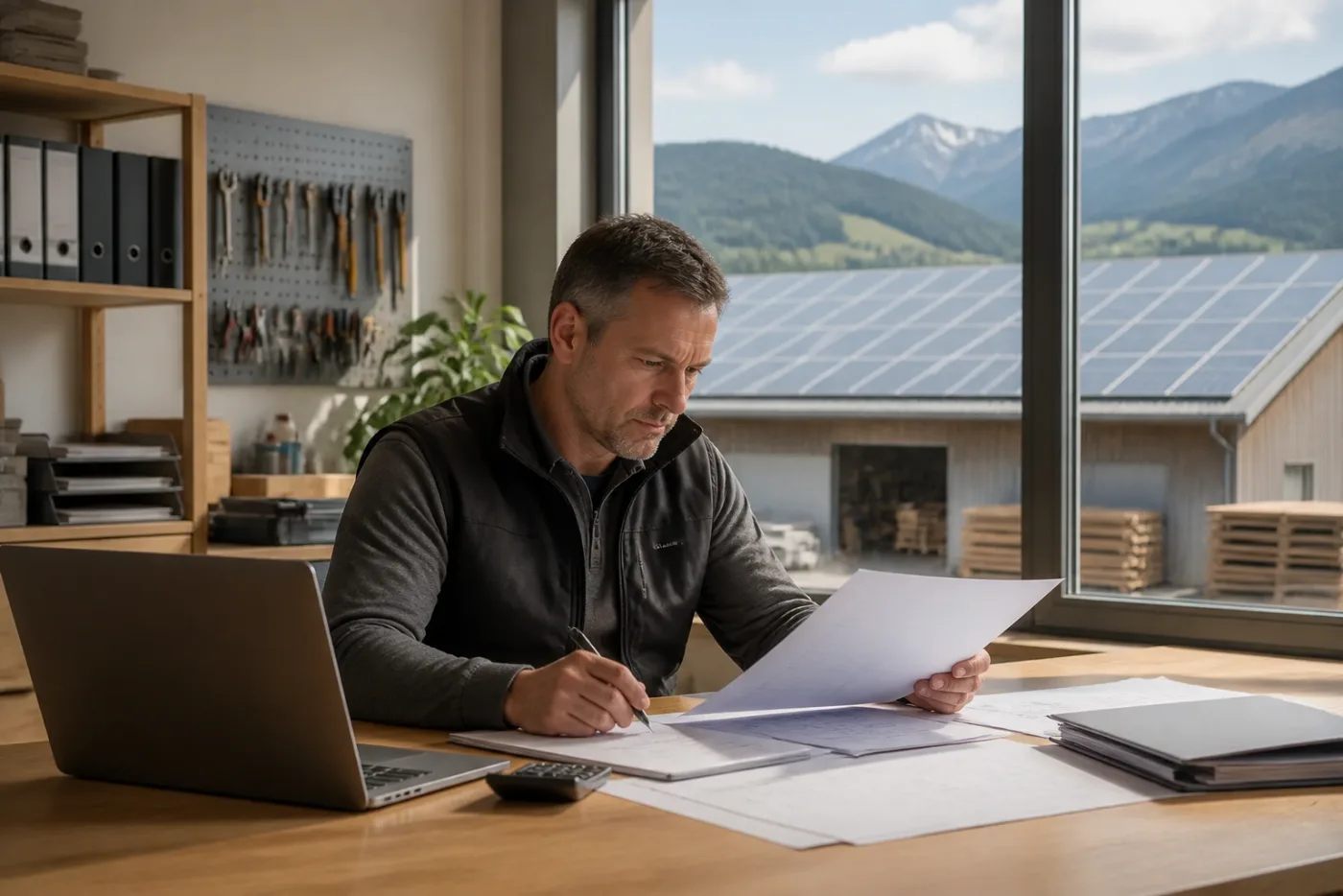 Unternehmer und Energieberater prüfen Investitionsplan für eine Photovoltaikanlage auf einem Betriebsgebäude