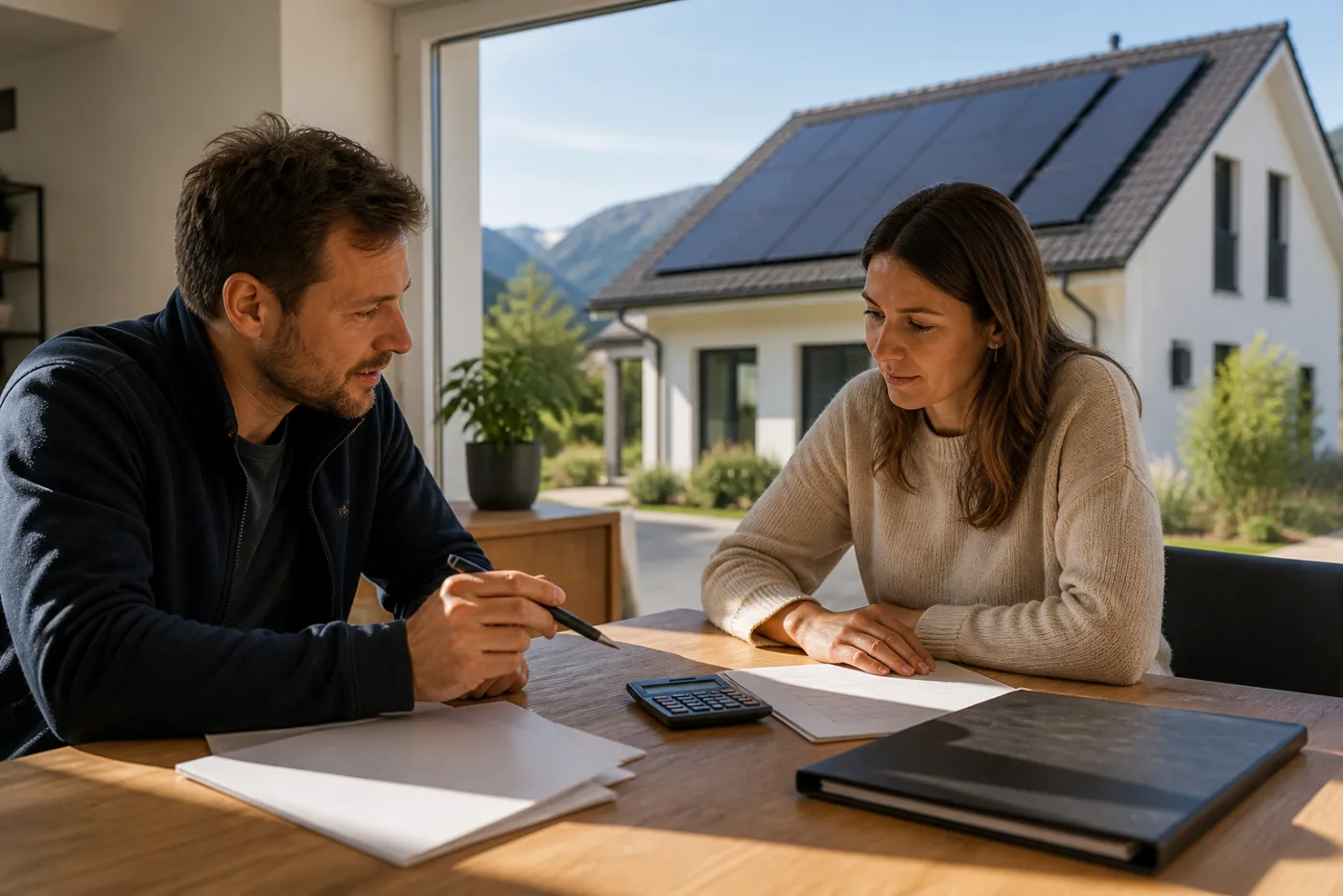 Hauseigentümer besprechen einen Finanzierungsplan für eine Solaranlage auf einer Terrasse