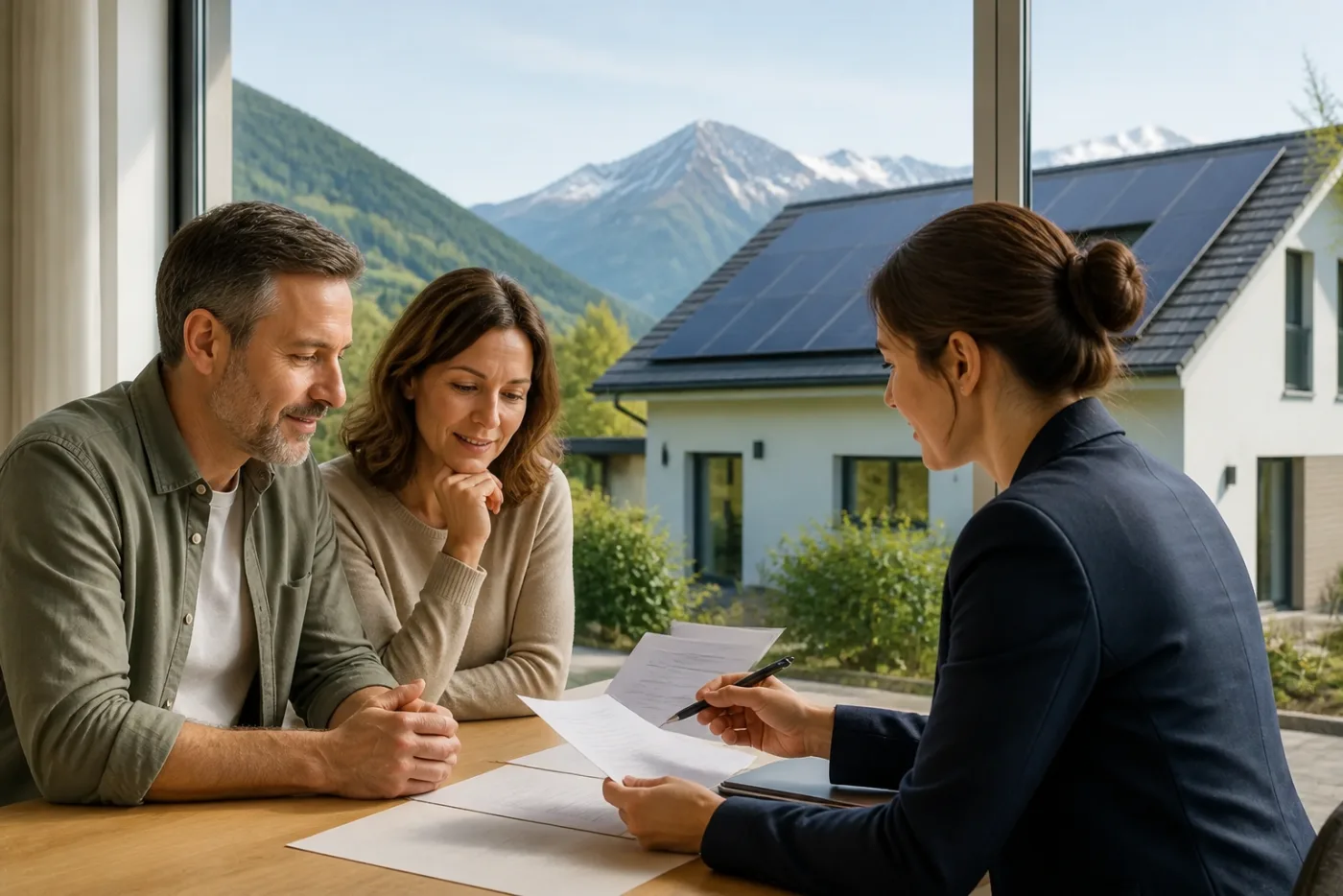 Hauseigentümer prüfen Zahlungsplan und Finanzierung einer Solaranlage mit einem Berater