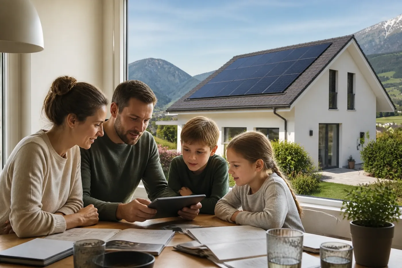 Familie bespricht die Wahl zwischen Kauf und Solar-Abo vor einem Haus mit Solardach