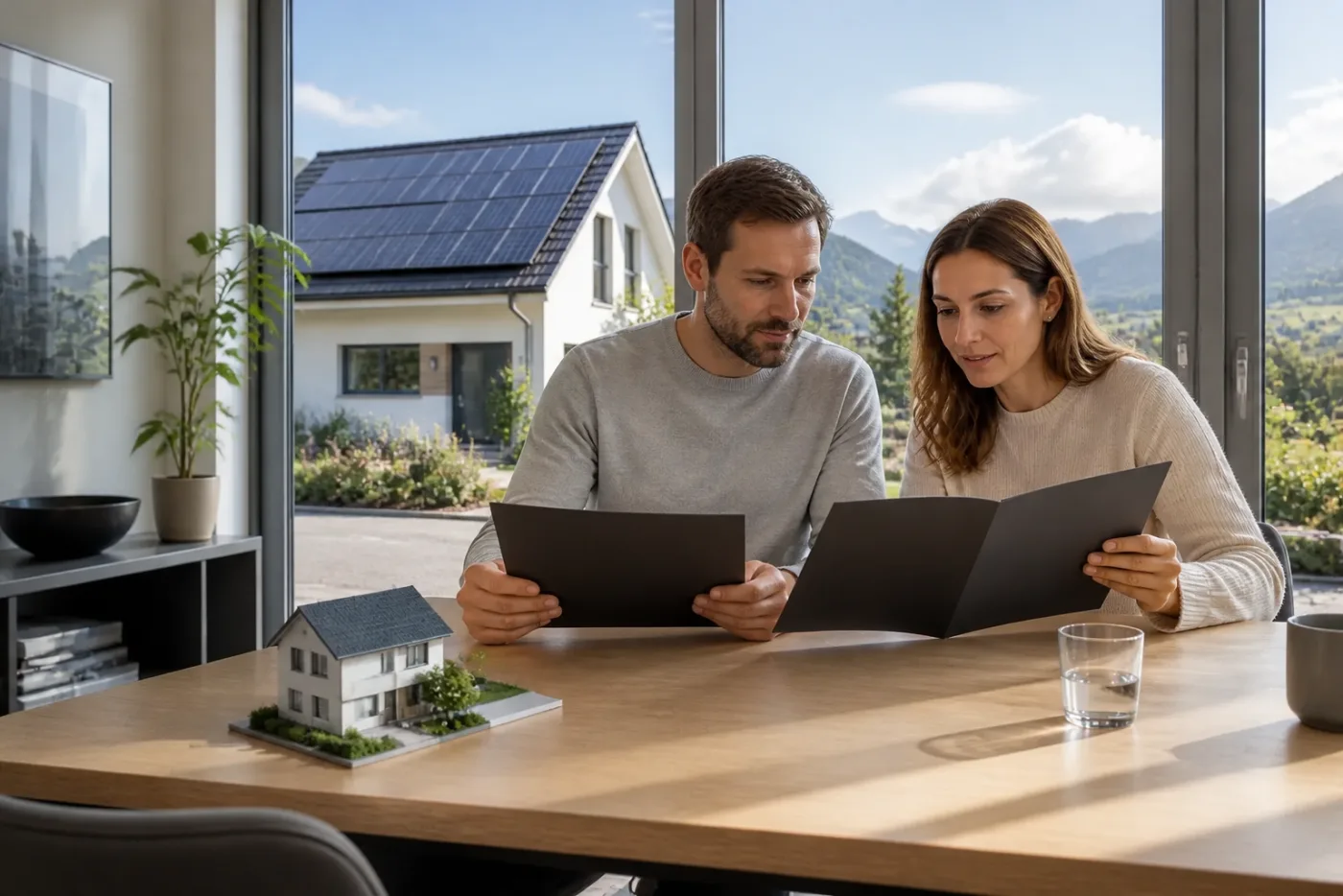 Hausbesitzer vergleichen Kauf- und Mietunterlagen für eine Solaranlage an einem Tisch