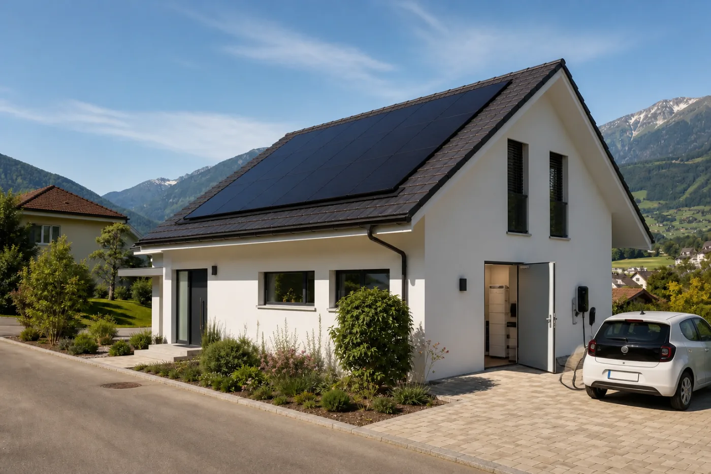 Fertige Photovoltaikanlage auf einem Schweizer Einfamilienhaus mit sichtbarer Haustechnik