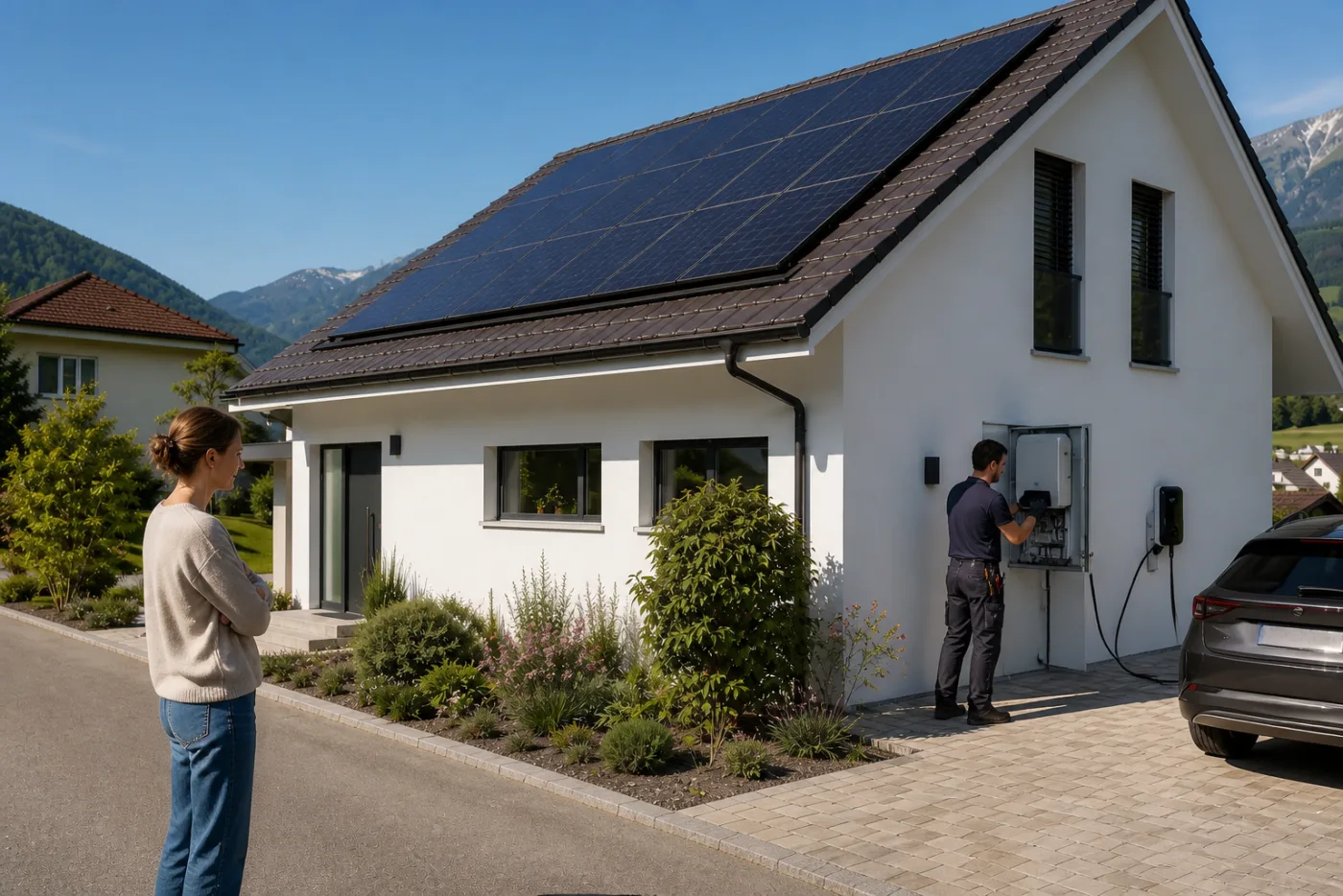 Fachperson wartet eine Photovoltaikanlage auf einem Schweizer Hausdach bei gutem Wetter
