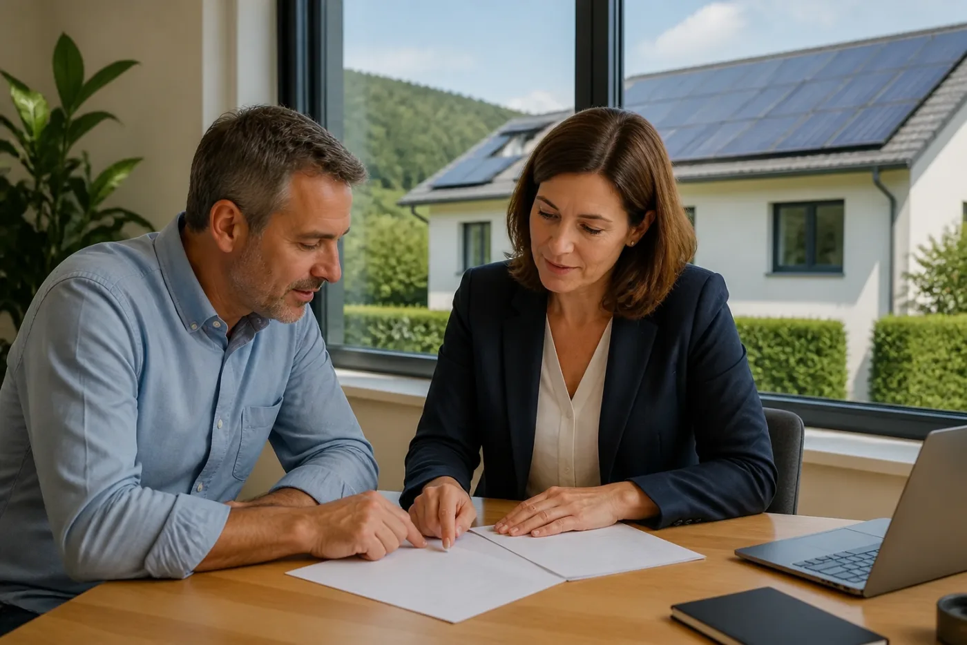 Beratungsgespräch mit Steuerfachperson und Hauseigentümer zu einer Photovoltaikrechnung