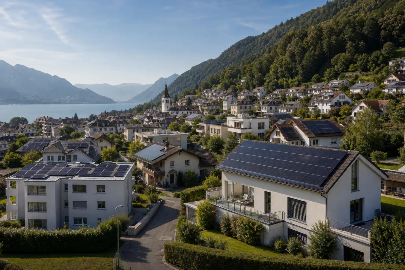 Schweizer Kantonslandschaft mit Solaranlagen und Unterlagen für einen kantonalen Steuercheck
