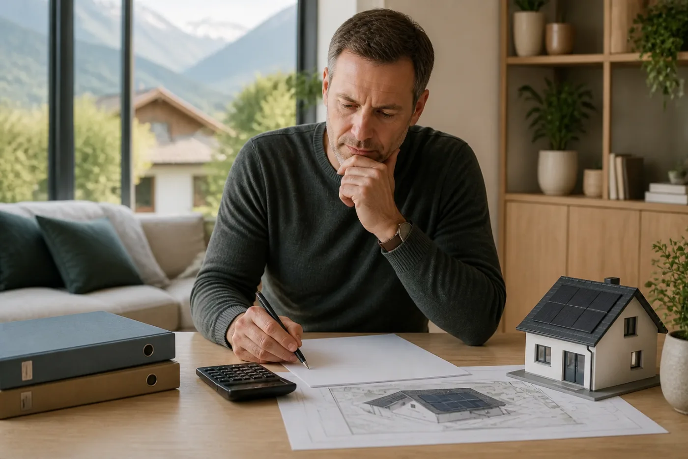 Schweizer Haus mit Solaranlage, Steuerunterlagen und Taschenrechner im Vordergrund
