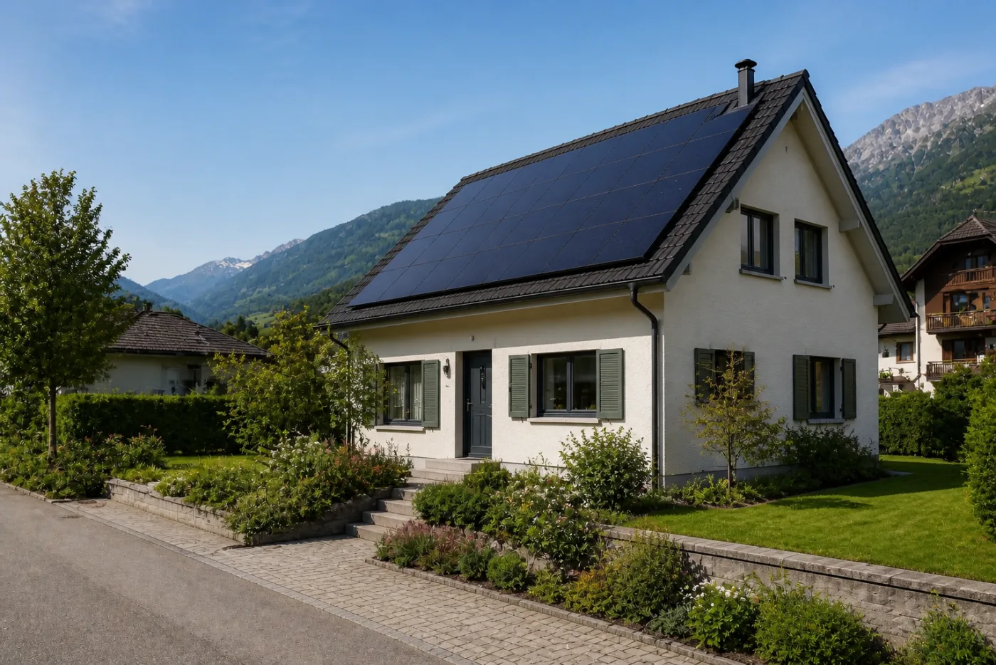 Schweizer Liegenschaft mit Solardach und geordnetem Ordner für Eigentums- und Steuerunterlagen