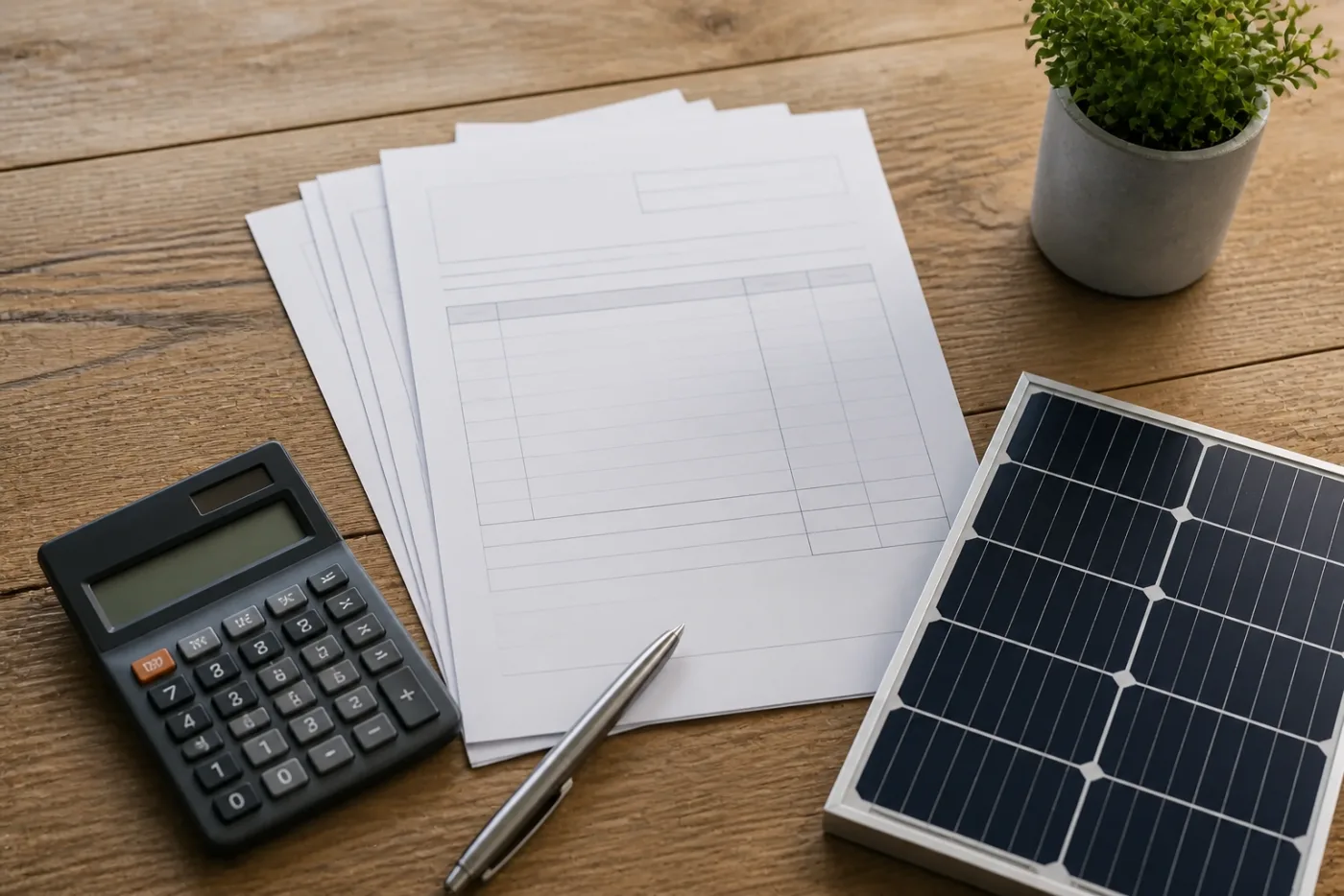 Rechnungen, Förderentscheid und Zahlungsbelege für ein Solarprojekt auf einem Holztisch