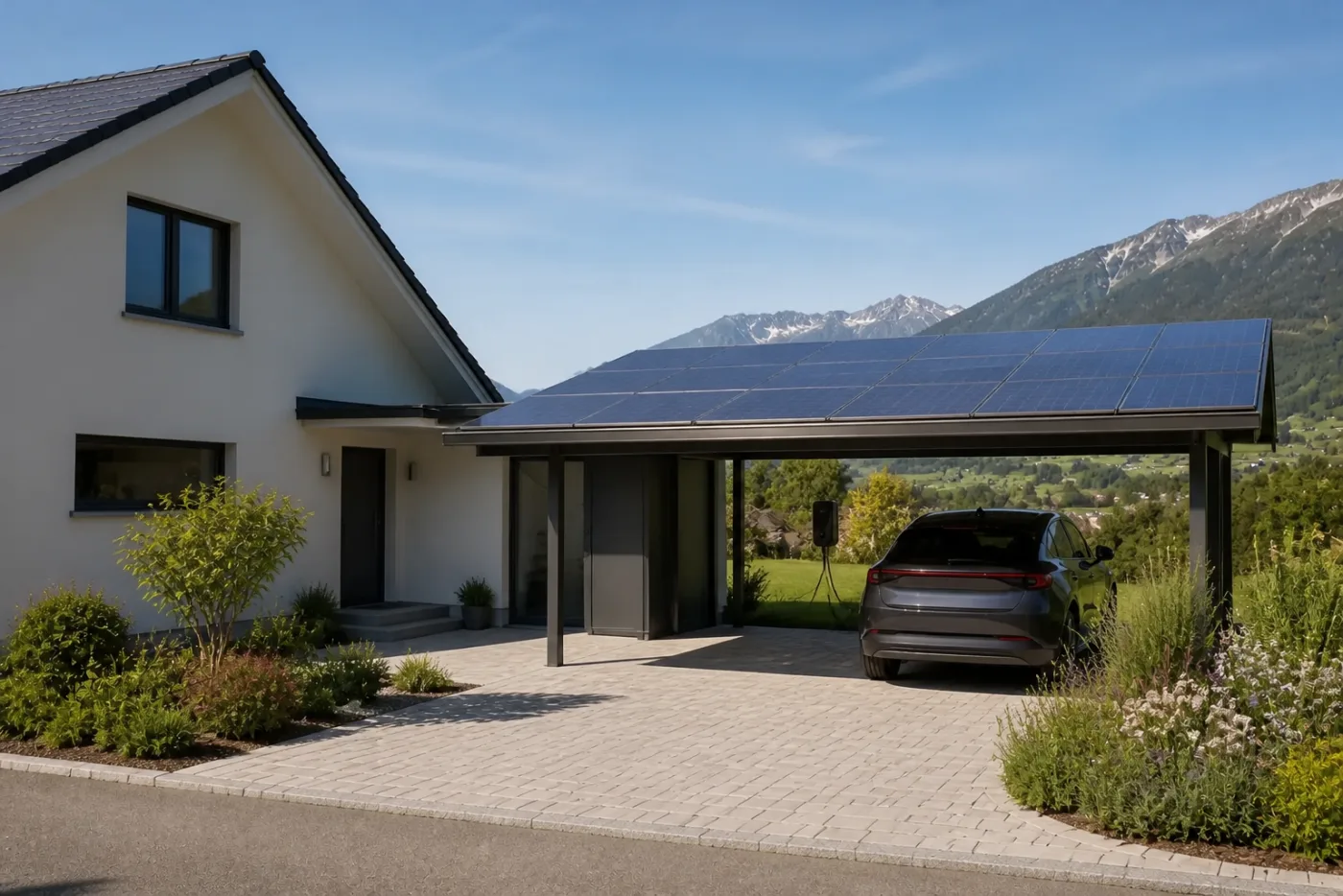 Elektroauto lädt unter einem Solarcarport mit sichtbaren Solarmodulen und Wallbox