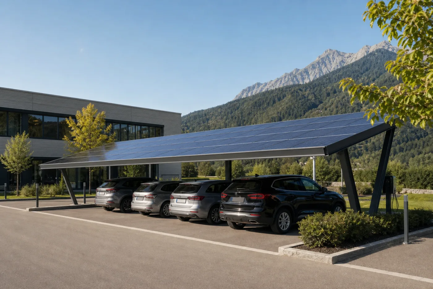Grosser Solarcarport über einem Parkplatz eines Schweizer Gewerbebetriebs