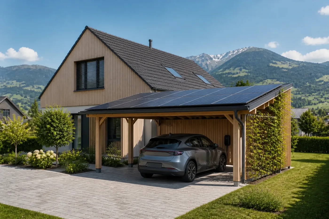 Moderner Solarcarport mit Elektroauto vor einem Schweizer Einfamilienhaus und Bergkulisse
