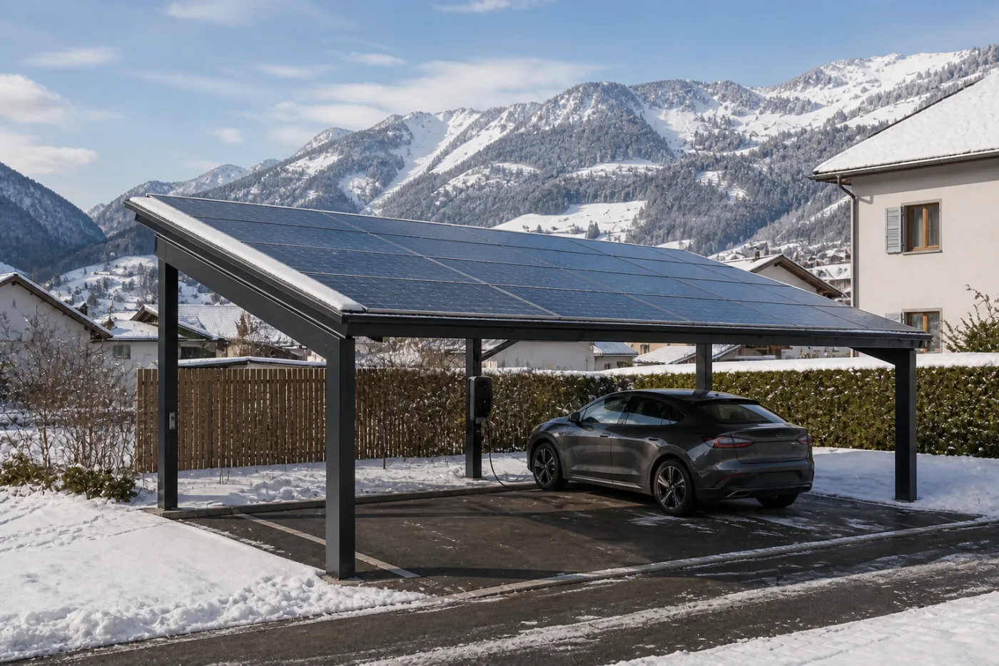 Solarcarport mit Elektroauto in einer verschneiten Schweizer Berglandschaft